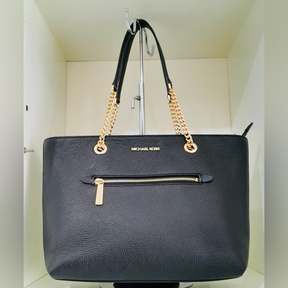 NWT MICHAEL KORS Jet Set Item Medium Front Zip Chain Tote Leather Black